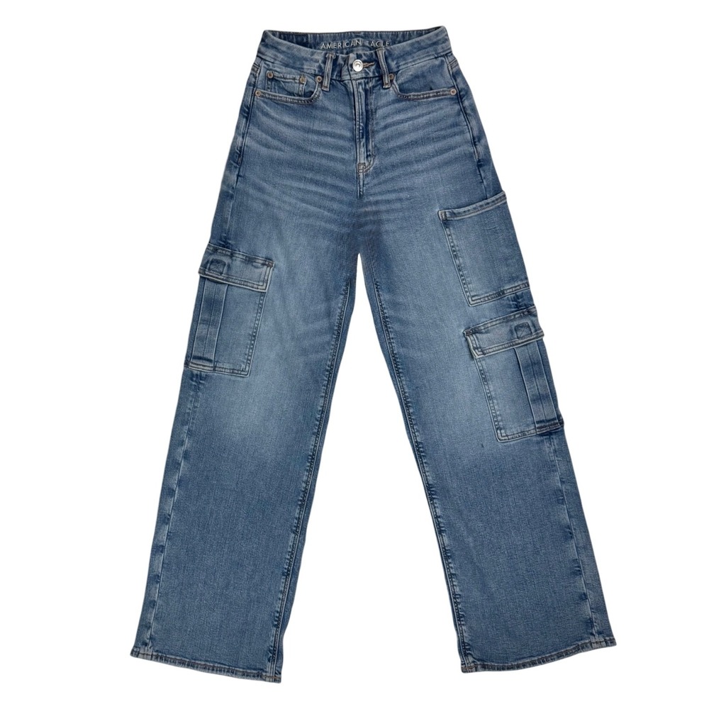 American Eagle Curvy Super High Waisted Baggy Wide Leg Cargo Jeans Size 00 Reg - Picture 14 of 14
